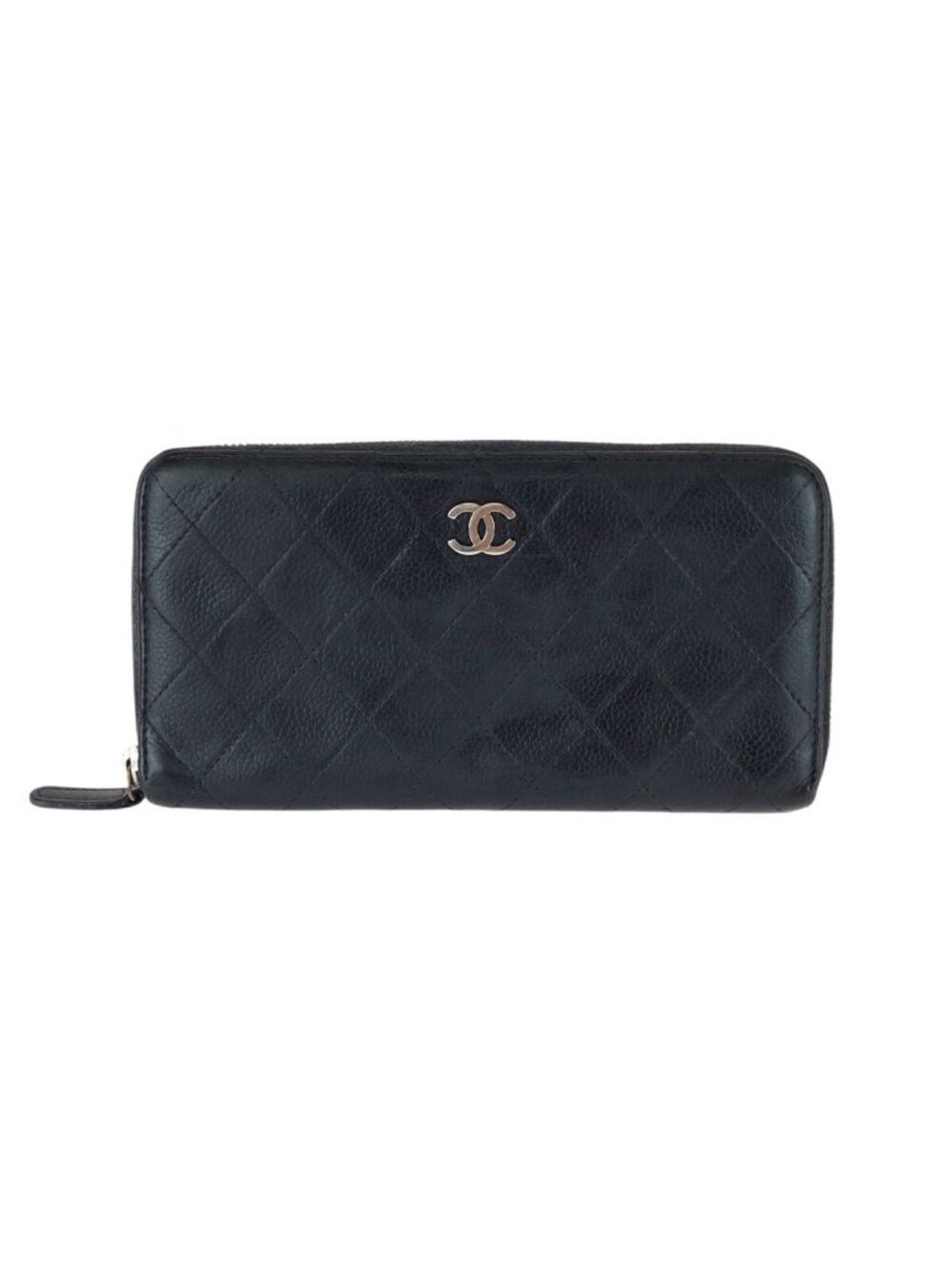 Chanel CC Logo Black Silver Caviar Leather Wallet Zip Around